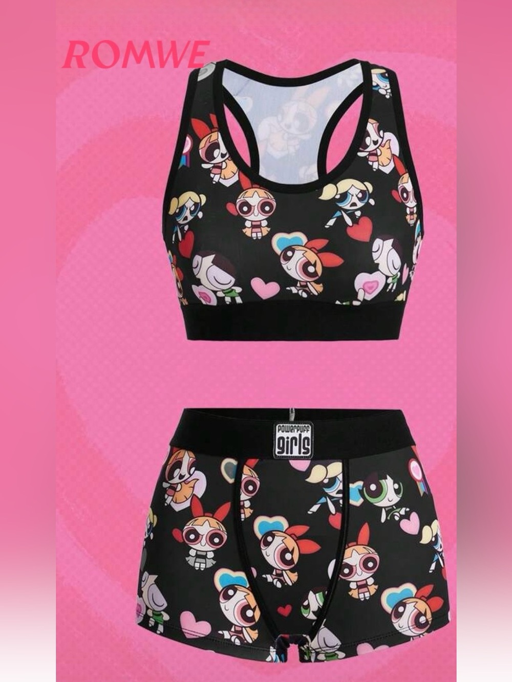 ROMWE Black Powerpuff Girls Cartoon Sports Bra and Shorts Set